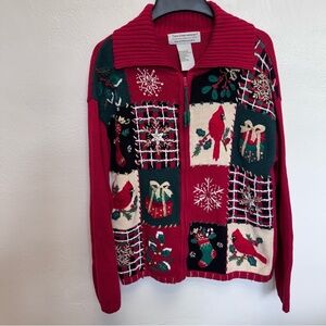 Vintage Tiara International Women's Red Holiday Bird Robin Sweater Zip Up Medium